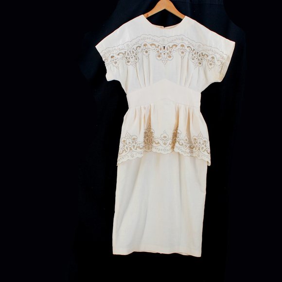 Vintage 80s Dress Ramie Cotton Lace Cutwork Embroidery Peplum Beige Midi 8 - Picture 6 of 15